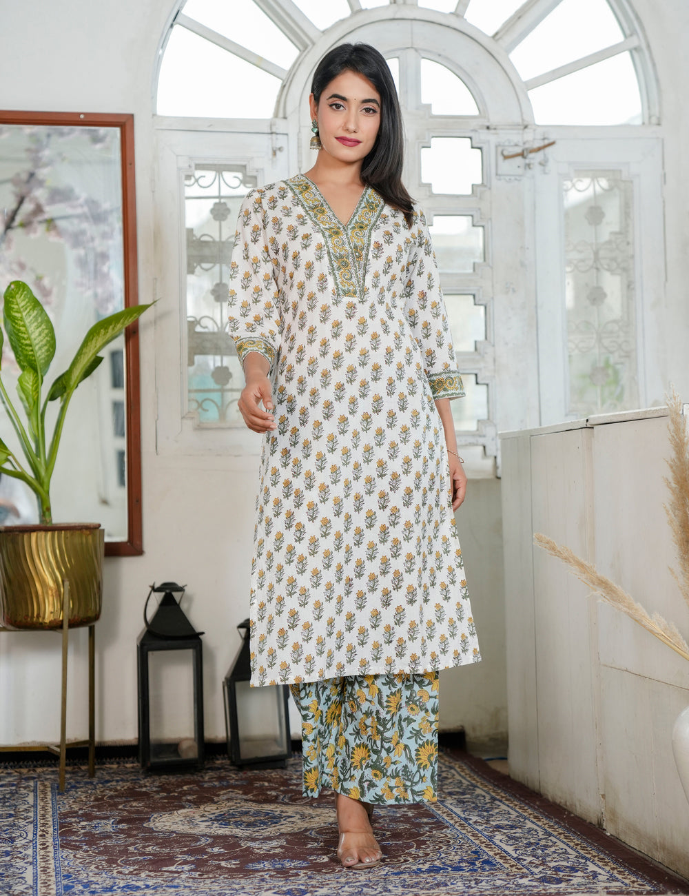 Mustard Yellow Floral Hand Block Prints V-neckline Kurta Set with Kota Doria Dupatta - HL94