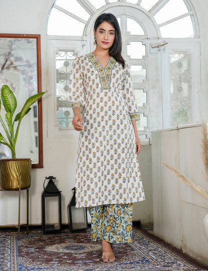 Mustard Yellow Floral Hand Block Prints V-neckline Kurta Set with Kota Doria Dupatta - HL94