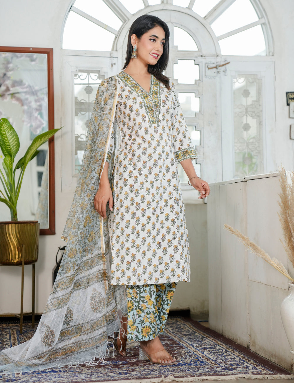 Mustard Yellow Floral Hand Block Prints V-neckline Kurta Set with Kota Doria Dupatta - HL94