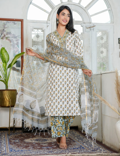 Mustard Yellow Floral Hand Block Prints V-neckline Kurta Set with Kota Doria Dupatta - HL94