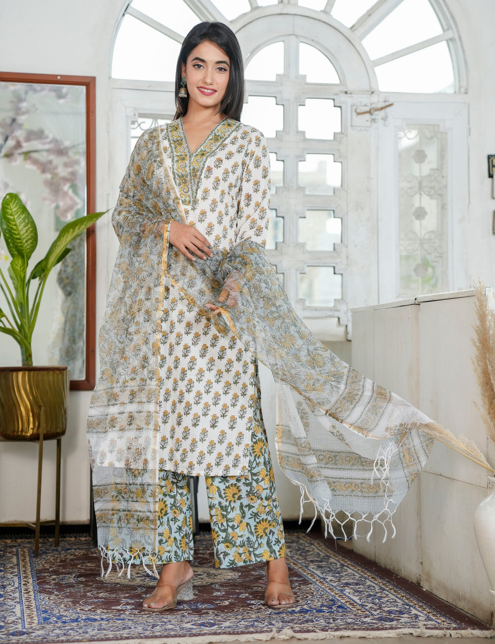 Mustard Yellow Floral Hand Block Prints V-neckline Kurta Set with Kota Doria Dupatta - HL94