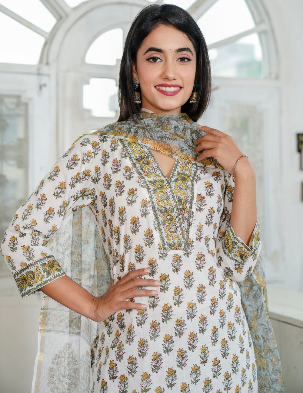 Mustard Yellow Floral Hand Block Prints V-neckline Kurta Set with Kota Doria Dupatta - HL94