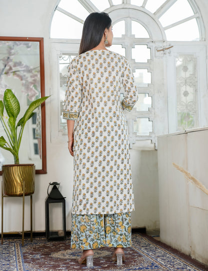 Mustard Yellow Floral Hand Block Prints wrap Style V-neckline Kurta Set with Kota Doria Dupatta - HL95