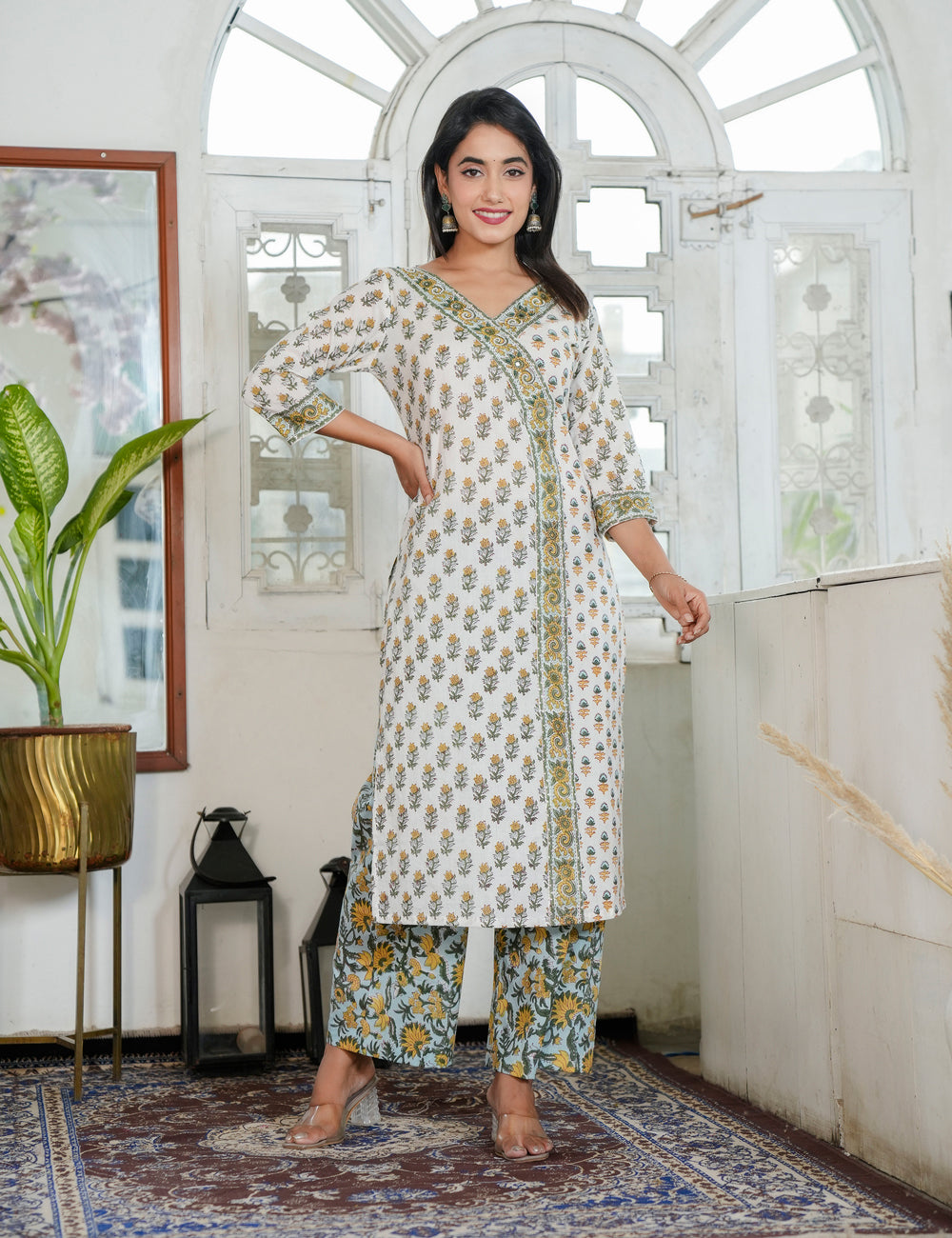 Mustard Yellow Floral Hand Block Prints wrap Style V-neckline Kurta Set with Kota Doria Dupatta - HL95