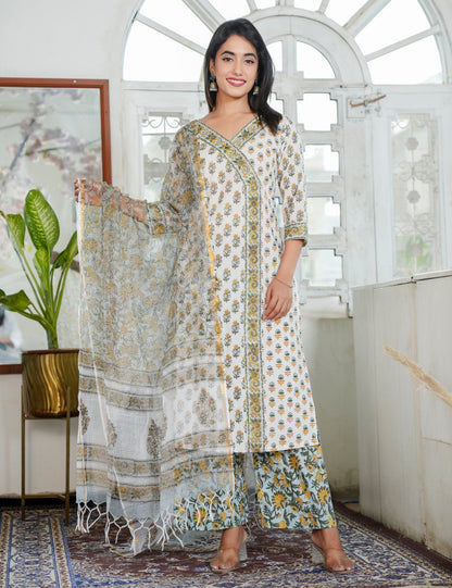 Mustard Yellow Floral Hand Block Prints wrap Style V-neckline Kurta Set with Kota Doria Dupatta - HL95