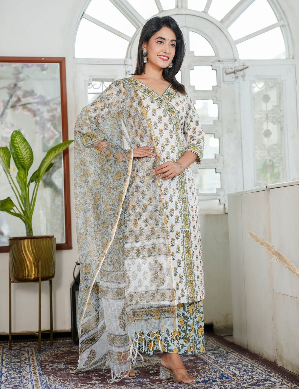 Mustard Yellow Floral Hand Block Prints wrap Style V-neckline Kurta Set with Kota Doria Dupatta - HL95