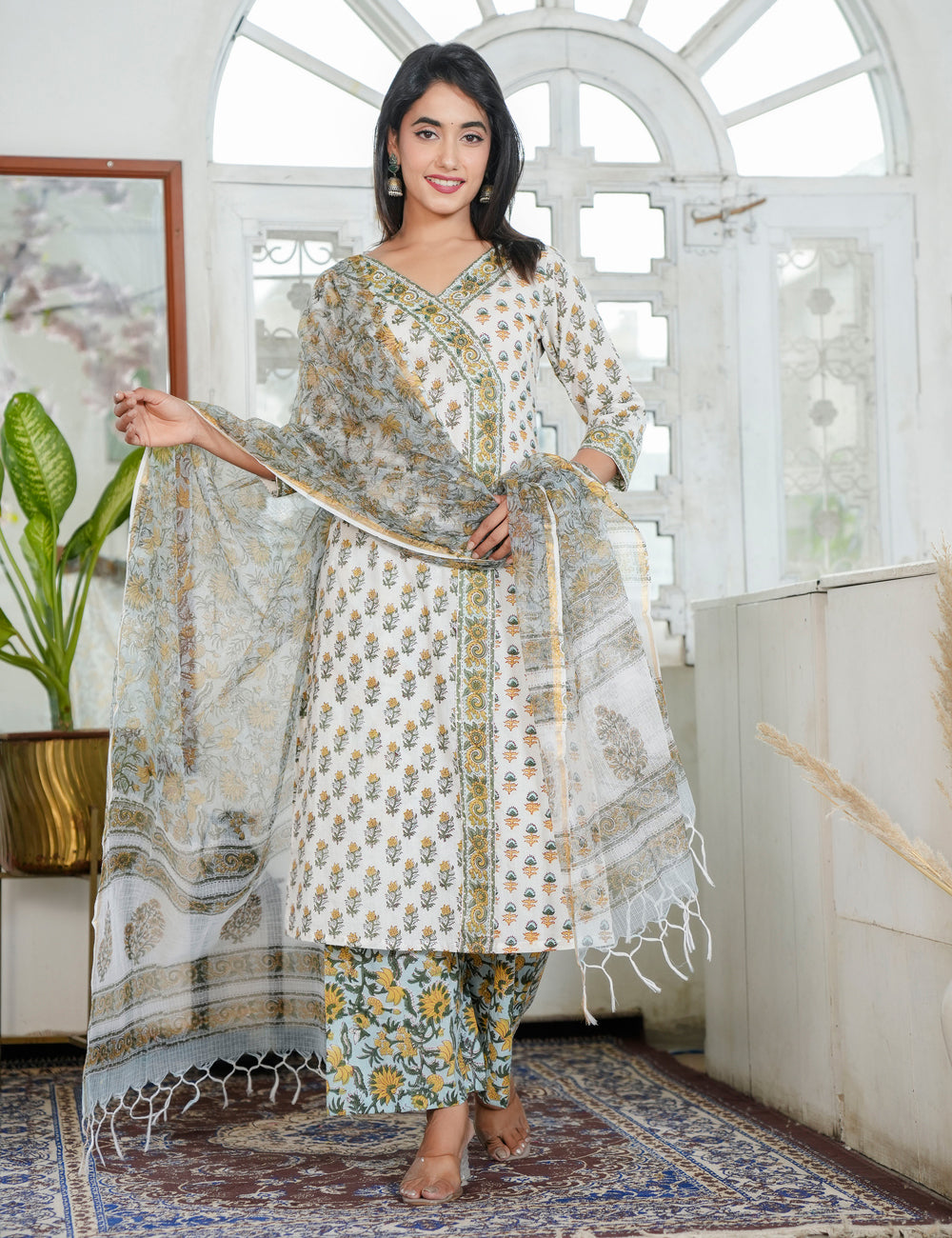 Mustard Yellow Floral Hand Block Prints wrap Style V-neckline Kurta Set with Kota Doria Dupatta - HL95
