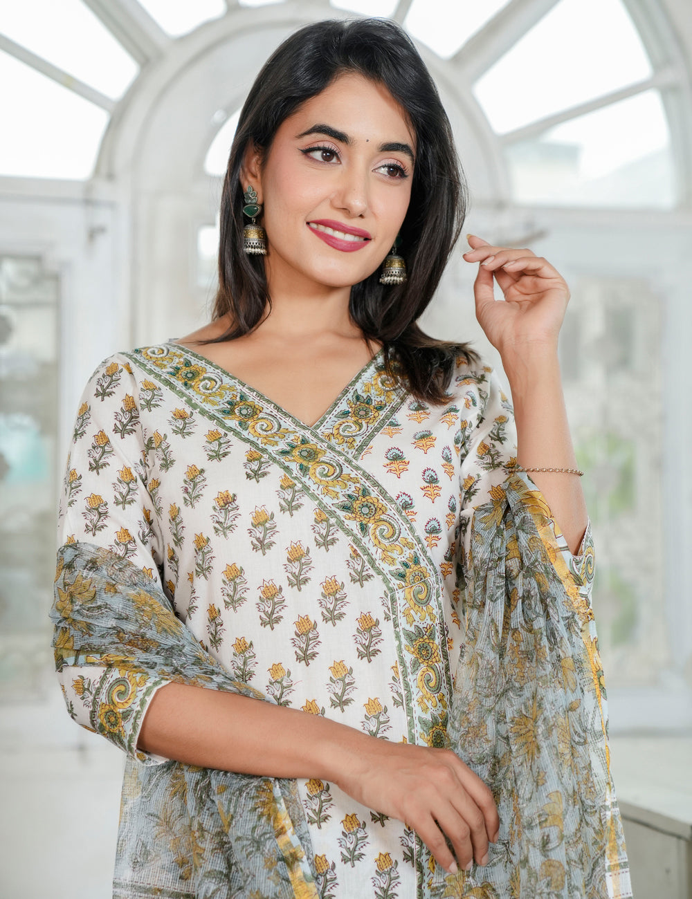 Mustard Yellow Floral Hand Block Prints wrap Style V-neckline Kurta Set with Kota Doria Dupatta - HL95
