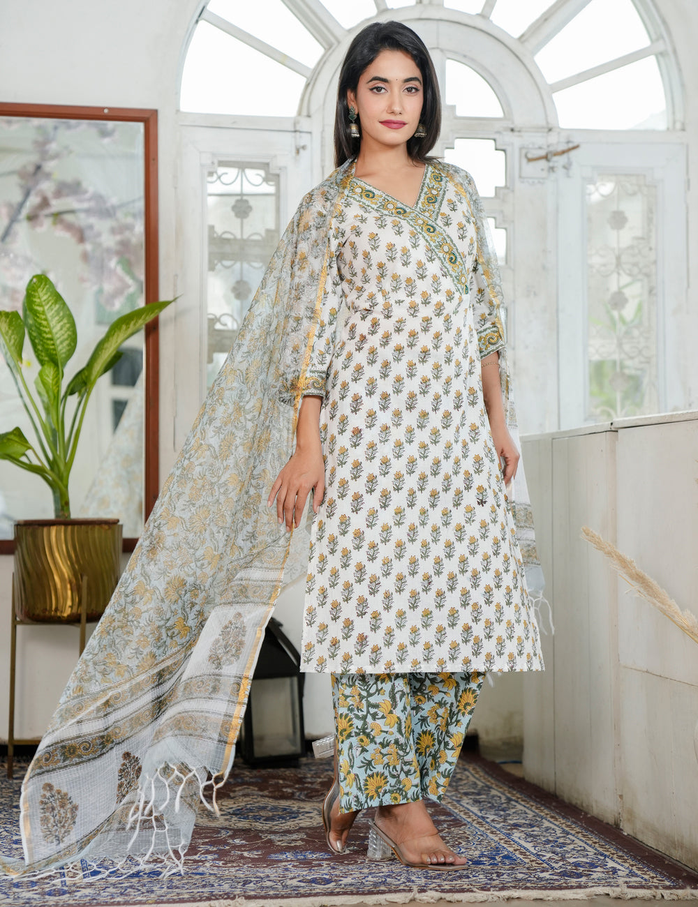 Mustard Yellow Floral Hand Block Prints Diagonally Wrap Style V-neckline Kurta Set with Kota Doria Dupatta - HL96