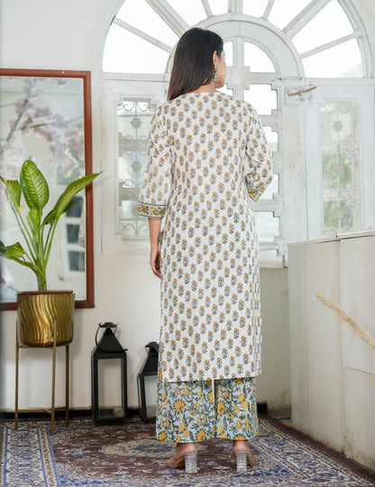 Mustard Yellow Floral Hand Block Prints Diagonally Wrap Style V-neckline Kurta Set with Kota Doria Dupatta - HL96