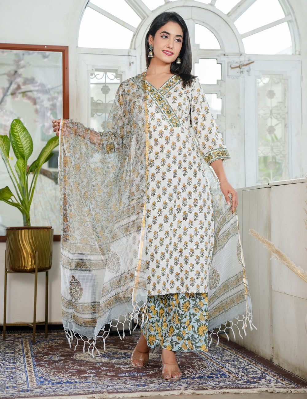 Mustard Yellow Floral Hand Block Prints Diagonally Wrap Style V-neckline Kurta Set with Kota Doria Dupatta - HL96