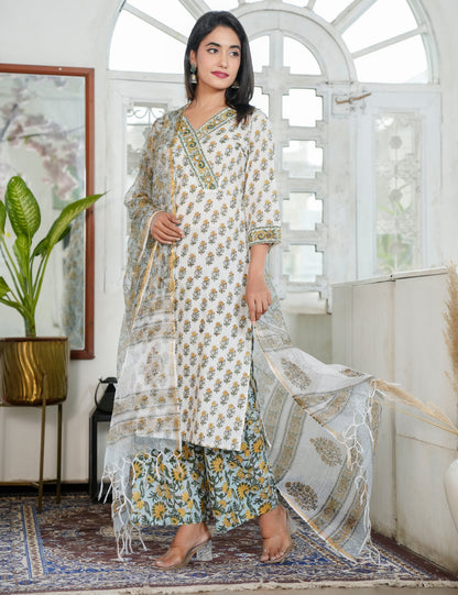 Mustard Yellow Floral Hand Block Prints Diagonally Wrap Style V-neckline Kurta Set with Kota Doria Dupatta - HL96