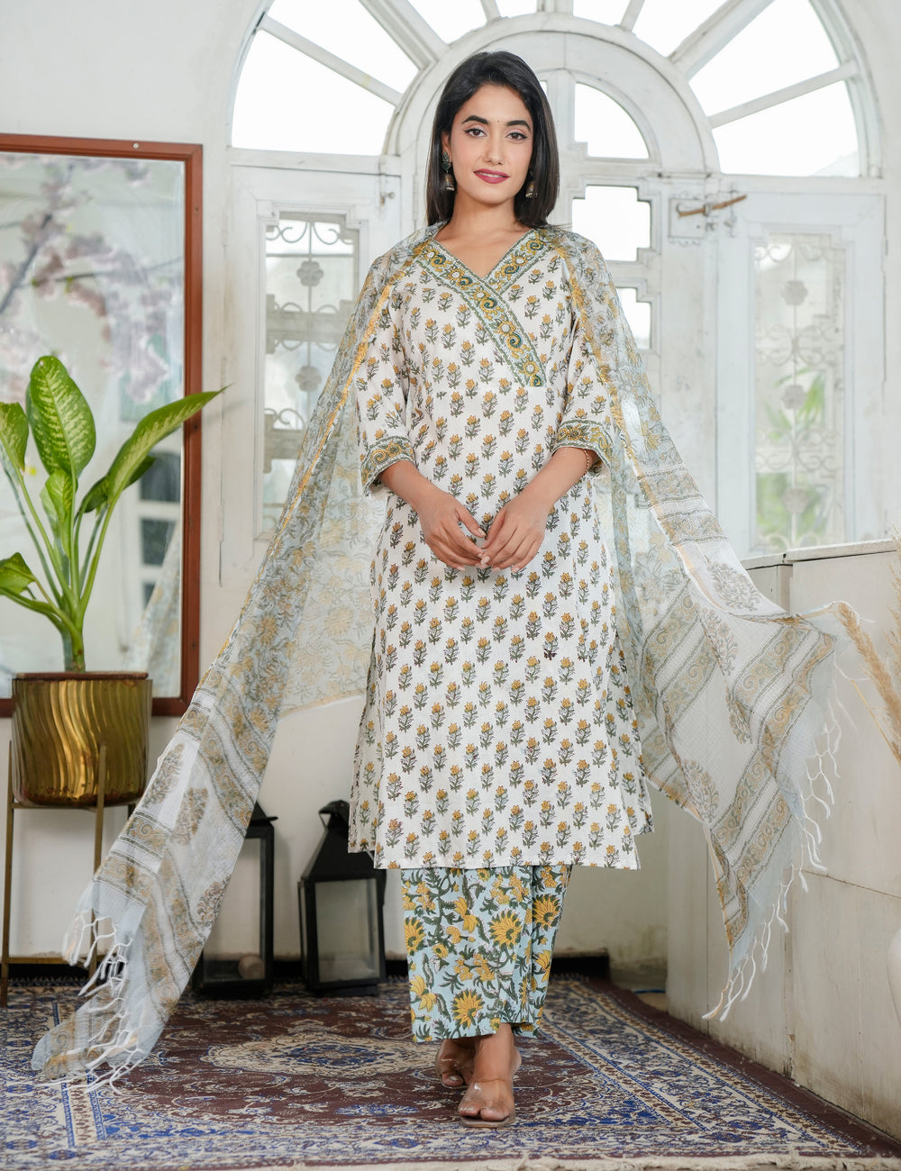 Mustard Yellow Floral Hand Block Prints Diagonally Wrap Style V-neckline Kurta Set with Kota Doria Dupatta - HL96