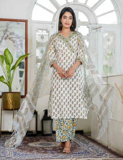 Mustard Yellow Floral Hand Block Prints Diagonally Wrap Style V-neckline Kurta Set with Kota Doria Dupatta - HL96