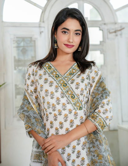 Mustard Yellow Floral Hand Block Prints Diagonally Wrap Style V-neckline Kurta Set with Kota Doria Dupatta - HL96