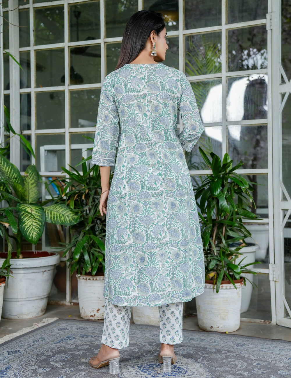 Mint Meadow Handblock Floral A-Line Anarkali Style Kurta Set with Kota Doria Dupatta - HL97