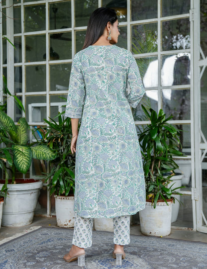 Mint Meadow Handblock Floral A-Line Anarkali Style Kurta Set with Kota Doria Dupatta - HL97