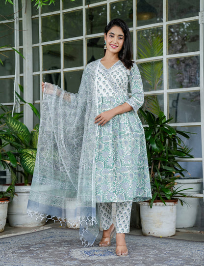 Mint Meadow Handblock Floral A-Line Anarkali Style Kurta Set with Kota Doria Dupatta - HL97