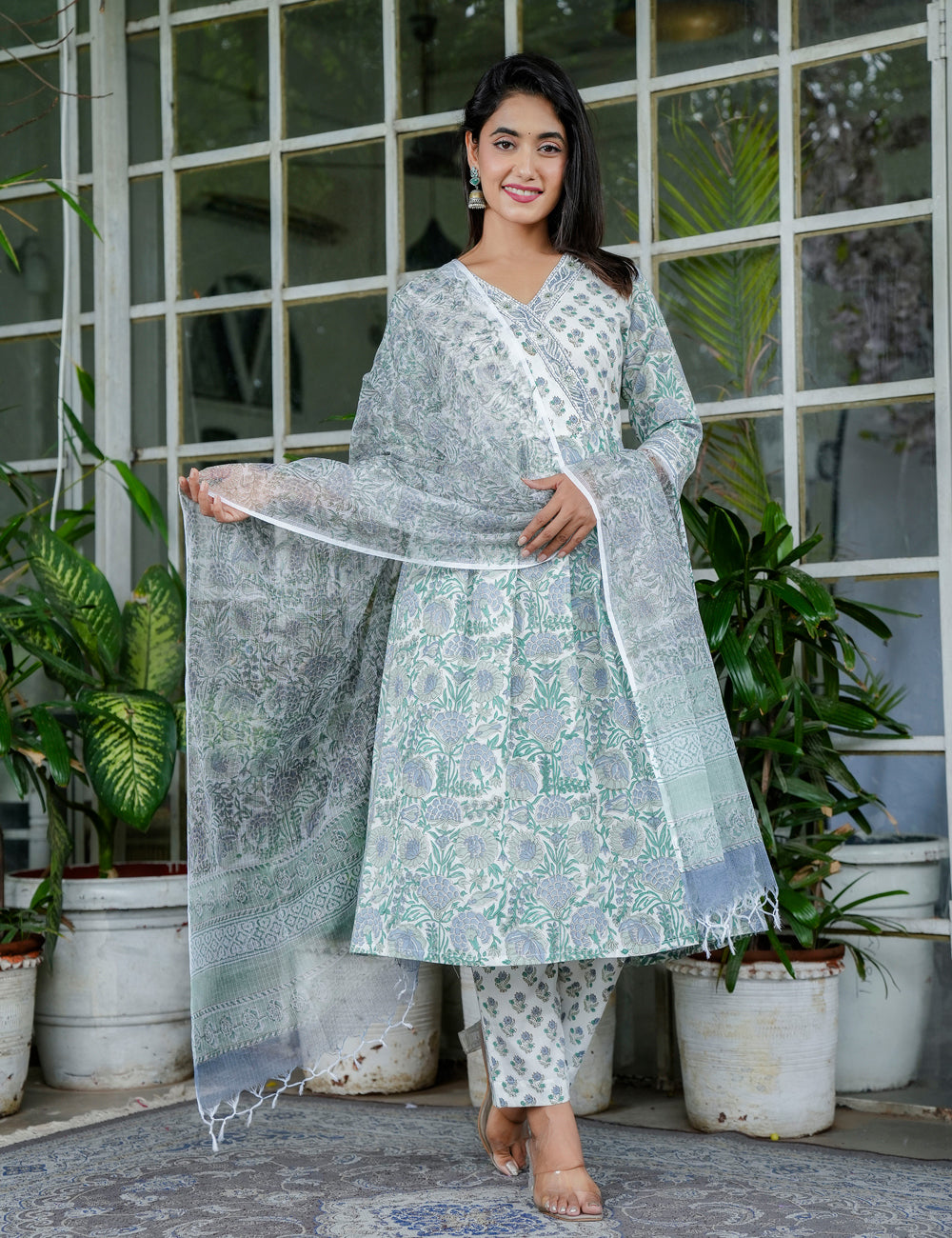 Mint Meadow Handblock Floral A-Line Anarkali Style Kurta Set with Kota Doria Dupatta - HL97