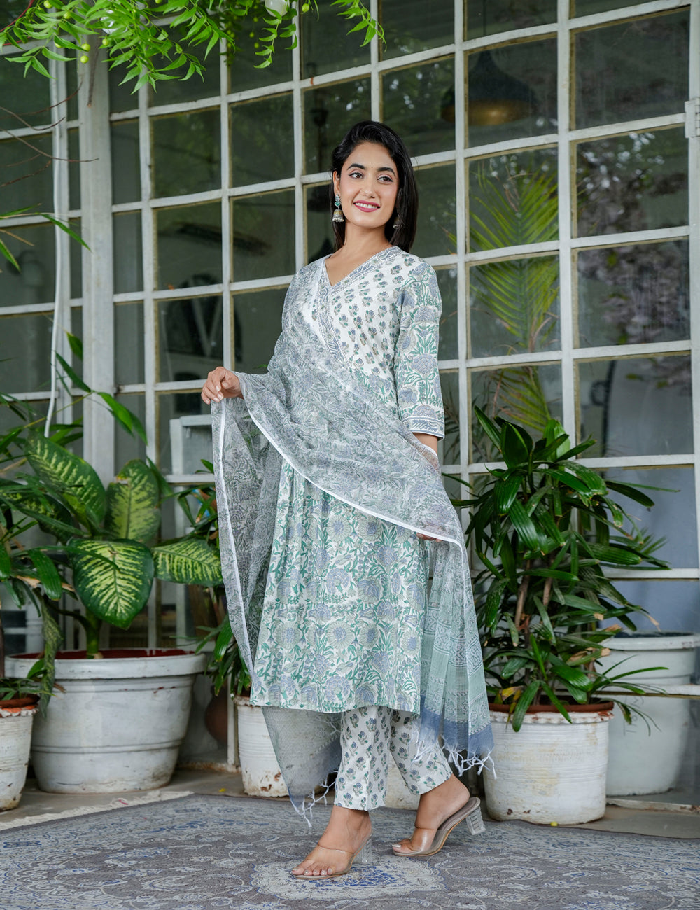Mint Meadow Handblock Floral A-Line Anarkali Style Kurta Set with Kota Doria Dupatta - HL97