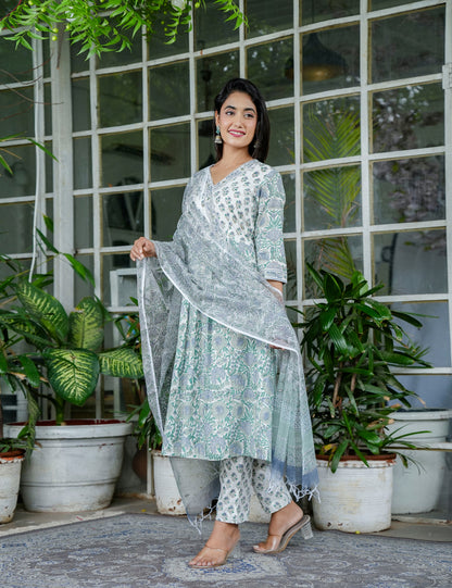 Mint Meadow Handblock Floral A-Line Anarkali Style Kurta Set with Kota Doria Dupatta - HL97