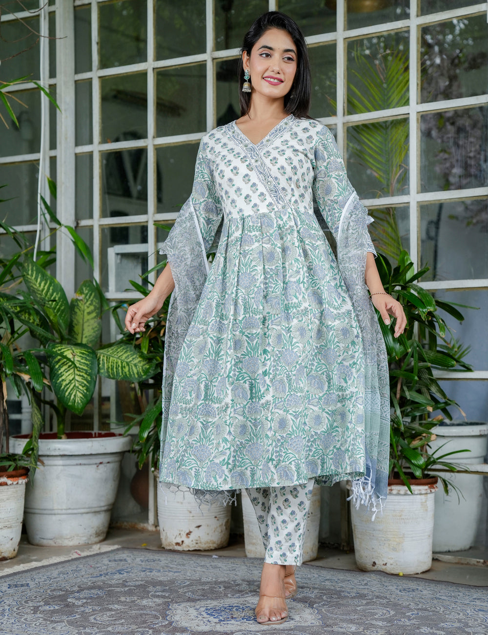 Mint Meadow Handblock Floral A-Line Anarkali Style Kurta Set with Kota Doria Dupatta - HL97