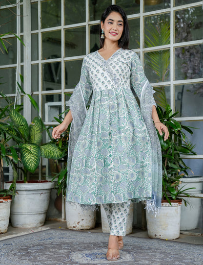 Mint Meadow Handblock Floral A-Line Anarkali Style Kurta Set with Kota Doria Dupatta - HL97