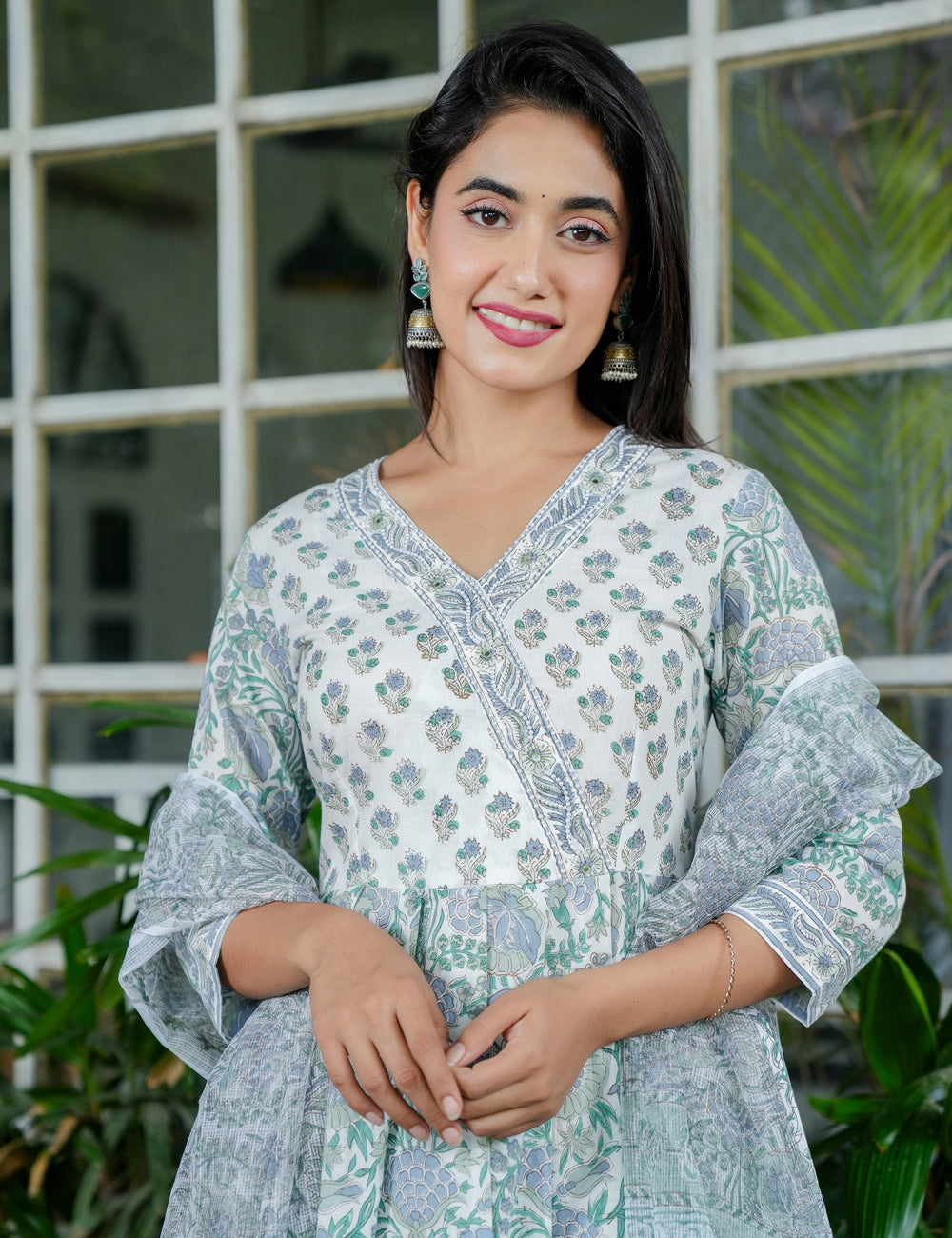 Mint Meadow Handblock Floral A-Line Anarkali Style Kurta Set with Kota Doria Dupatta - HL97