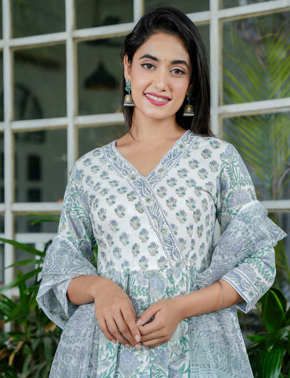 Mint Meadow Handblock Floral A-Line Anarkali Style Kurta Set with Kota Doria Dupatta - HL97