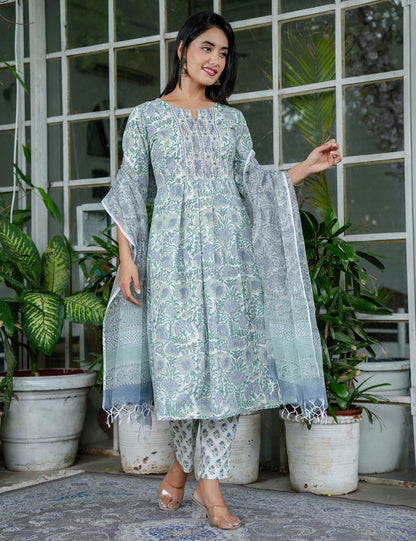 Sage Green Blossom Floral Handblock A-Line Anarkali Kurta Set with Kota Doria  - HL98