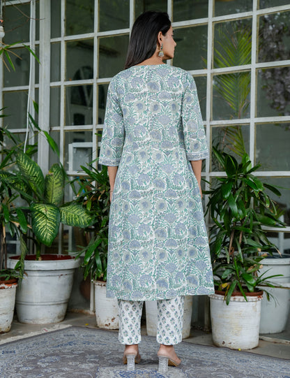 Sage Green Blossom Floral Handblock A-Line Anarkali Kurta Set with Kota Doria  - HL98