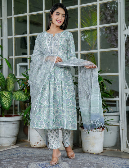 Sage Green Blossom Floral Handblock A-Line Anarkali Kurta Set with Kota Doria  - HL98