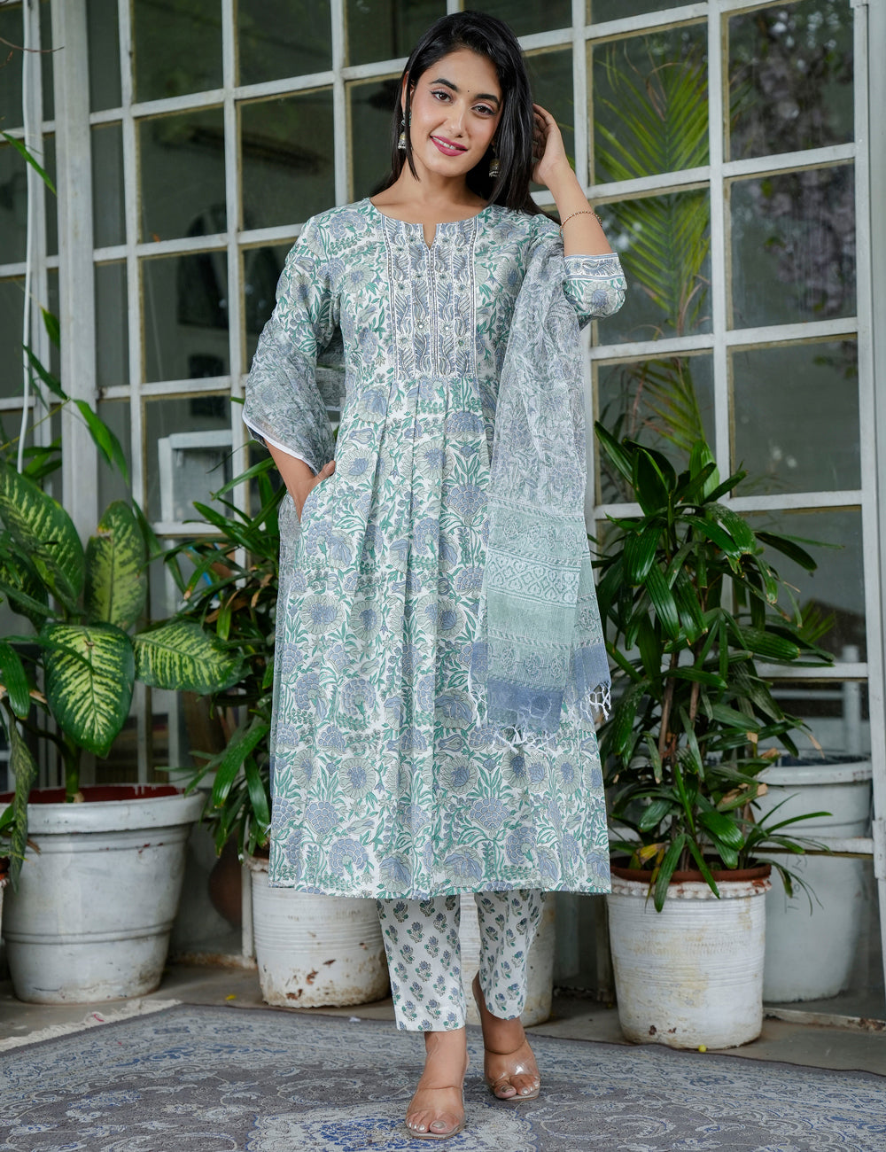 Sage Green Blossom Floral Handblock A-Line Anarkali Kurta Set with Kota Doria  - HL98