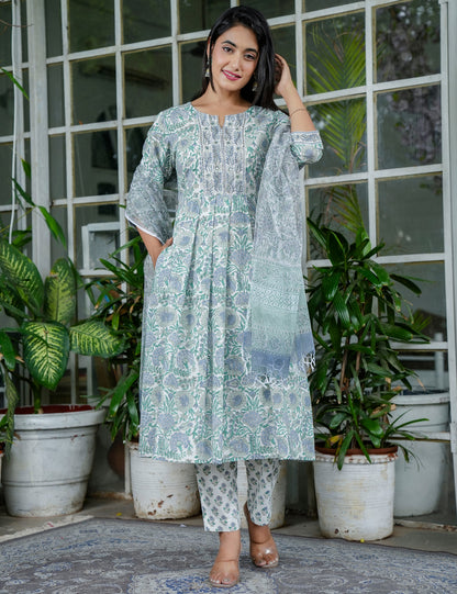 Sage Green Blossom Floral Handblock A-Line Anarkali Kurta Set with Kota Doria  - HL98