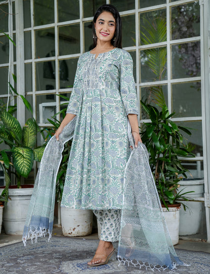 Sage Green Blossom Floral Handblock A-Line Anarkali Kurta Set with Kota Doria  - HL98
