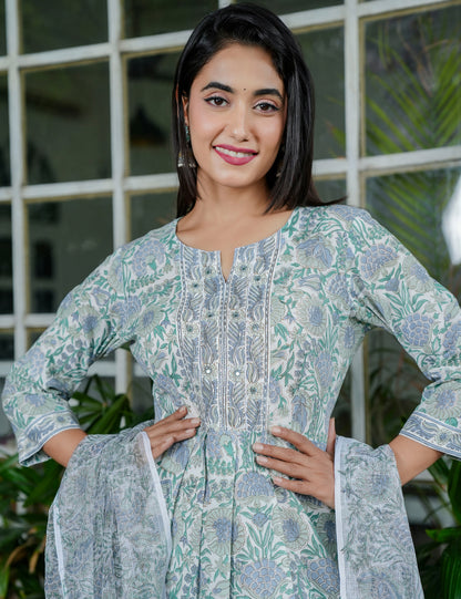 Sage Green Blossom Floral Handblock A-Line Anarkali Kurta Set with Kota Doria  - HL98