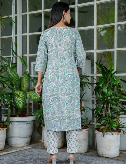 Sage Green Blossom Floral Handblock Round Neckline Straight Cut Kurta Set with Kota Doria Dupatta - HL99