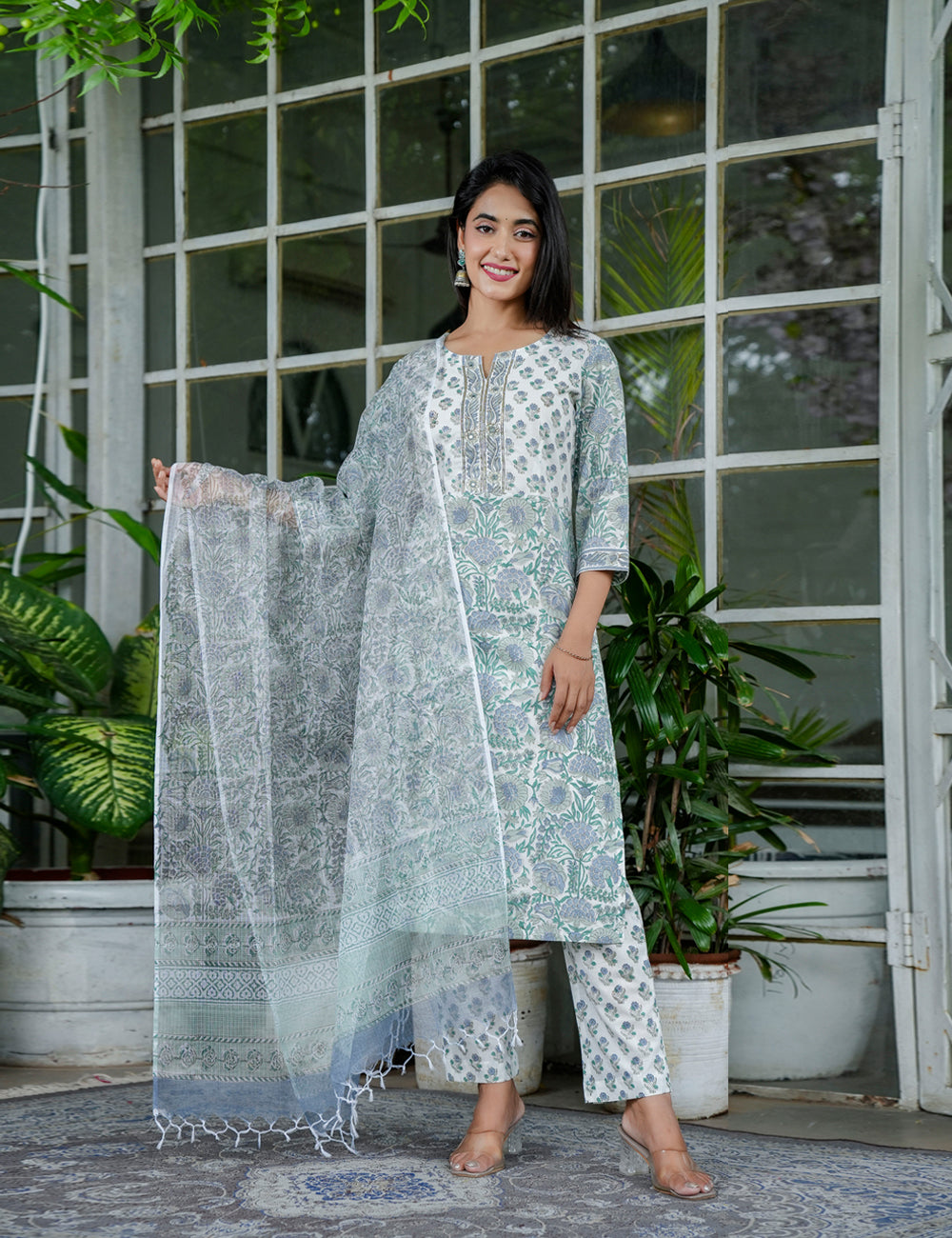 Sage Green Blossom Floral Handblock Round Neckline Straight Cut Kurta Set with Kota Doria Dupatta - HL99