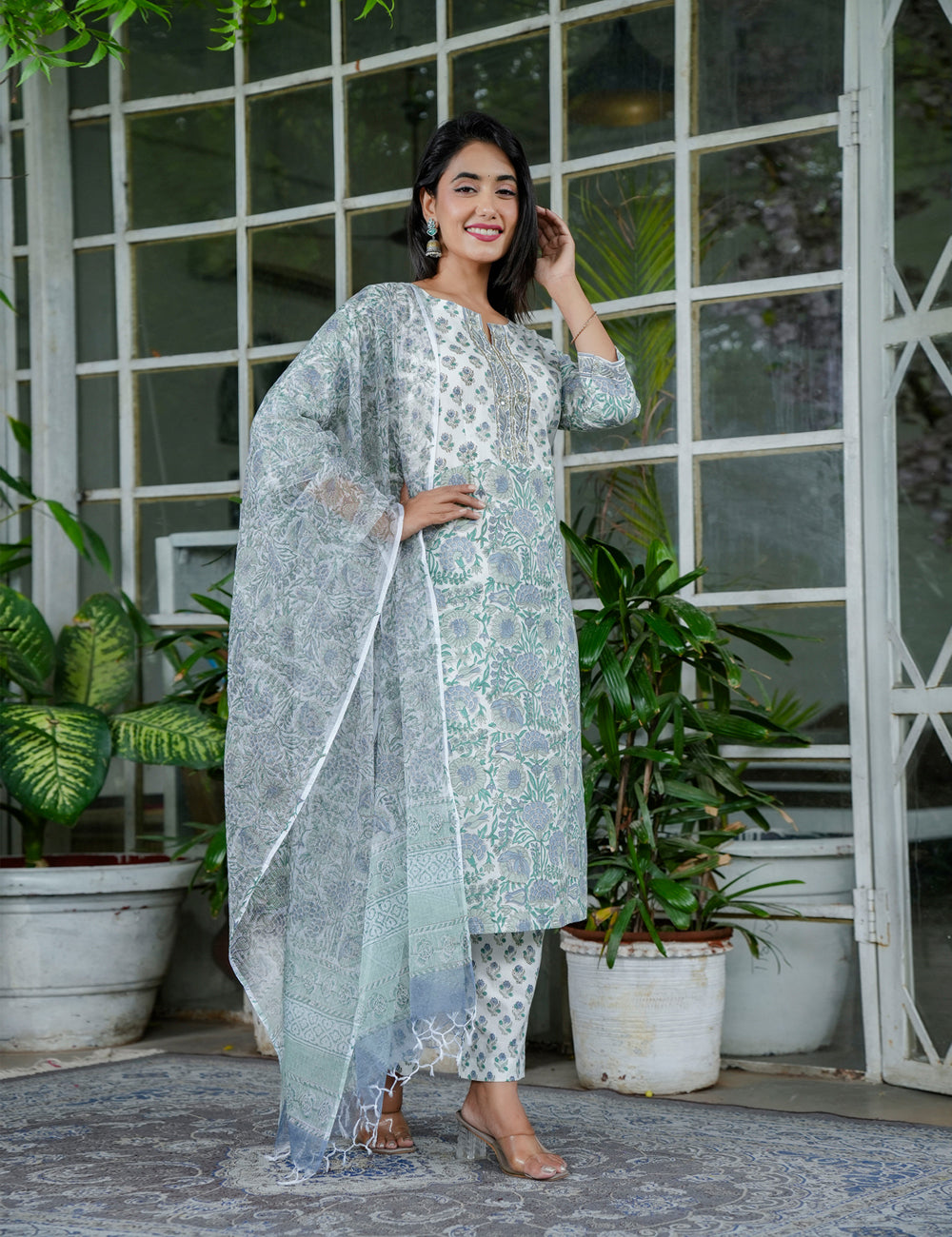 Sage Green Blossom Floral Handblock Round Neckline Straight Cut Kurta Set with Kota Doria Dupatta - HL99