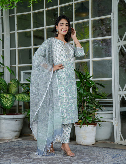 Sage Green Blossom Floral Handblock Round Neckline Straight Cut Kurta Set with Kota Doria Dupatta - HL99