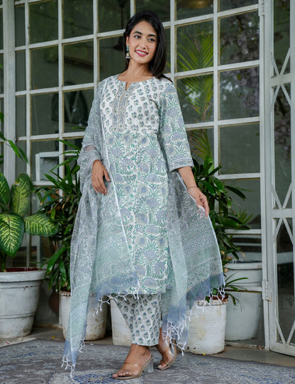 Sage Green Blossom Floral Handblock Round Neckline Straight Cut Kurta Set with Kota Doria Dupatta - HL99
