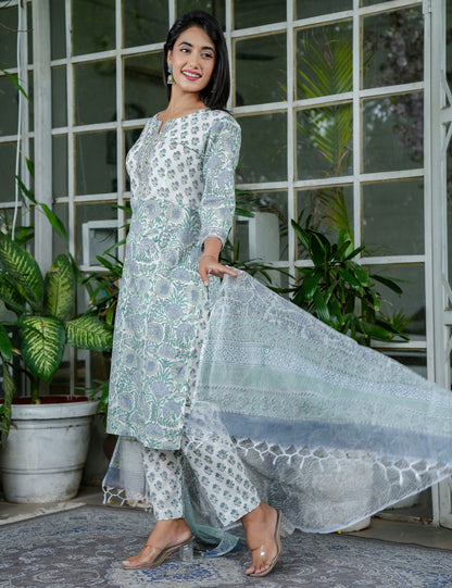 Sage Green Blossom Floral Handblock Round Neckline Straight Cut Kurta Set with Kota Doria Dupatta - HL99