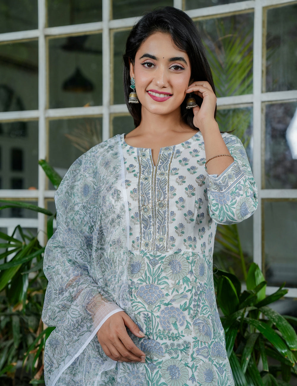 Sage Green Blossom Floral Handblock Round Neckline Straight Cut Kurta Set with Kota Doria Dupatta - HL99