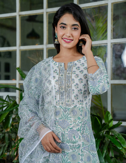 Sage Green Blossom Floral Handblock Round Neckline Straight Cut Kurta Set with Kota Doria Dupatta - HL99